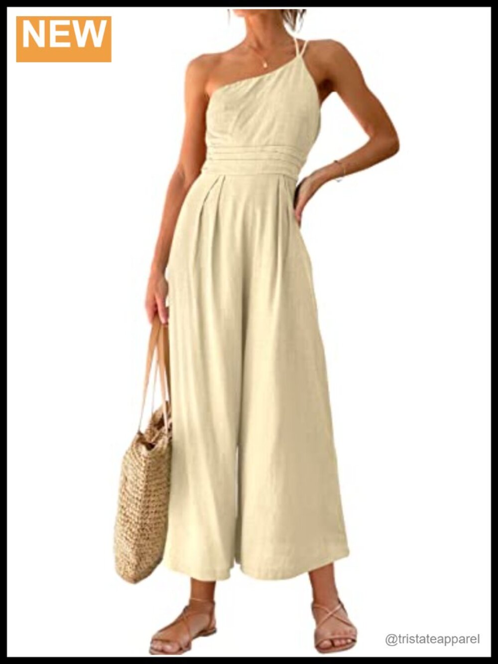 Linen One Shoulder Wide Leg Jumpsuit Sleeveless High Waist Ankle Length